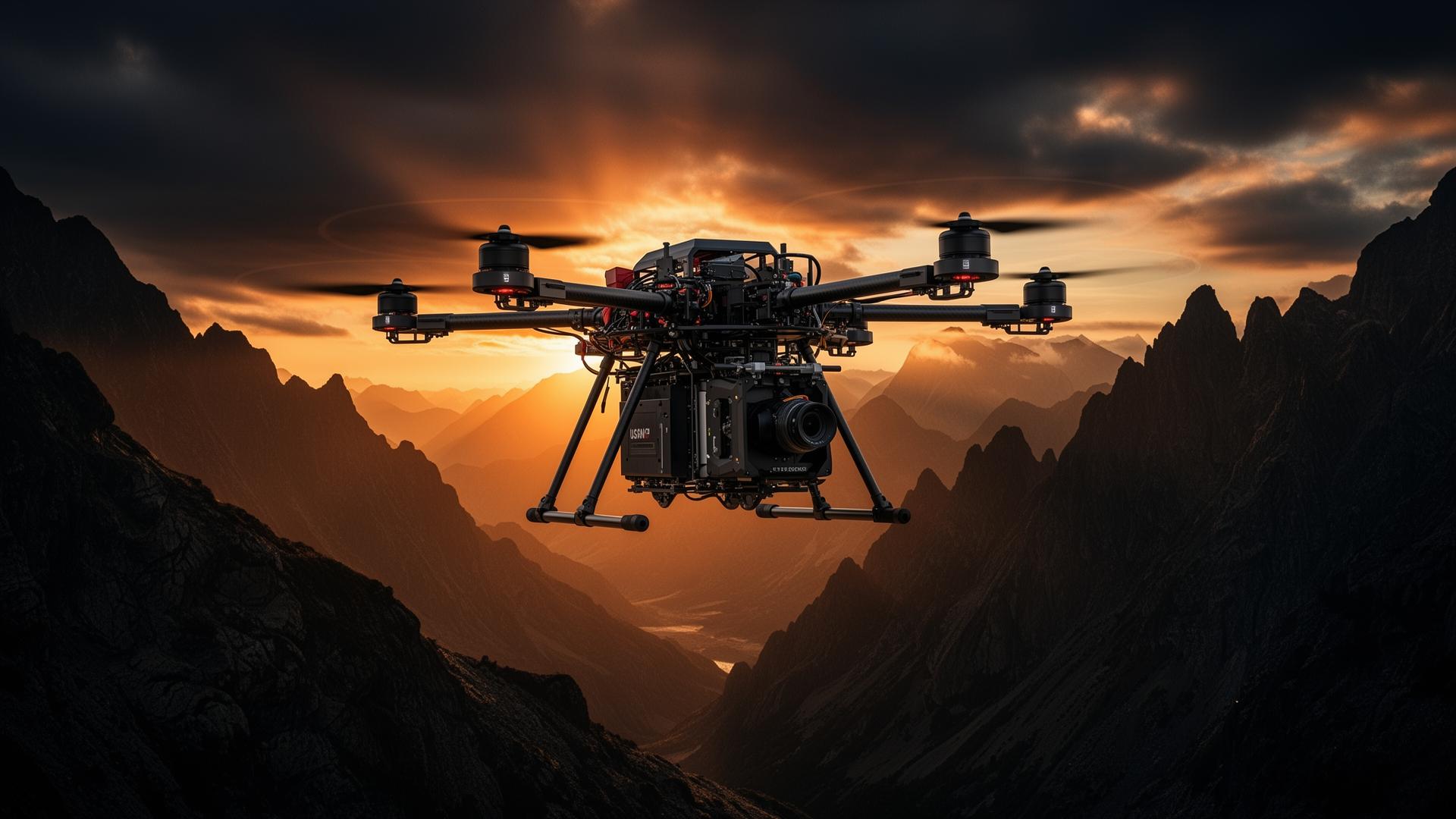 Sundog heavy-lift drone in flight over mountains at golden hour